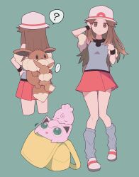 Rule 34 | ..., 1girl, 343rone, ?, absurdres, backpack, bag, black wristband, blue shirt, blue socks, brown bag, brown eyes, brown hair, character bag, commentary request, creatures (company), eevee, from behind, game freak, gen 1 pokemon, gen 2 pokemon, green background, hair flaps, hand in own hair, hat, highres, igglybuff, in bag, in container, jigglypuff, leaf (pokemon), long hair, looking at viewer, loose socks, messenger bag, miniskirt, multiple views, nintendo, pleated skirt, pokemon, pokemon (creature), pokemon frlg, red skirt, shirt, shoulder bag, skirt, socks, solo focus, spoken question mark, standing, white footwear, white headwear, yellow bag
