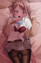 Rule 34 | 1girl, bangs pinned back, bed, bed sheet, blush, bra, breasts, brown hair, cardigan, chigusa minori, commentary request, dress shirt, hair ornament, hairclip, hand on own face, highres, looking at viewer, lying, miniskirt, mole, mole on breast, momiji ayaka, nail polish, open cardigan, open clothes, open mouth, open shirt, original, panties, panties under pantyhose, pantyhose, red bra, red eyes, red nails, red panties, school uniform, sheet grab, shirt, short braid, skirt, translation request, underwear