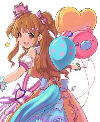 Rule 34 | 1girl, :3, animal balloon, balloon, bare shoulders, blue ribbon, blush, bow, breasts, brown hair, detached sleeves, dress, dress bow, earrings, from behind, gloves, hair bow, hair ornament, hair ribbon, hat, hat ribbon, heart, heart balloon, heart hair ornament, highres, idolmaster, idolmaster cinderella girls, idolmaster cinderella girls starlight stage, jewelry, large breasts, long hair, looking back, mini hat, moroboshi kirari, open hand, open mouth, orange dress, outstretched arms, pink ribbon, purple ribbon, purple sash, ribbon, sash, signature, simple background, smile, smirs, solo, star (symbol), striped ribbon, twintails, white background, white gloves