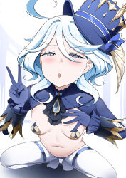 Rule 34 | 1girl, ahoge, ascot, black ascot, black gloves, blue eyes, blue hair, blue hat, breasts, furina (genshin impact), genshin impact, gloves, hair between eyes, hat, heterochromia, highres, light blue hair, limelam06, long hair, looking at viewer, meme attire, navel, open mouth, pasties, revealing clothes, reverse bunnysuit, reverse outfit, shrug (clothing), small breasts, solo, squatting, standing, stomach, top hat, v, white background