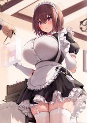 Rule 34 | 1boy, 1girl, apron, black dress, blue gk, blush, breasts, brown hair, cleavage, cleavage cutout, clothing cutout, dress, elbow gloves, gift bag, gloves, highres, large breasts, maid, maid headdress, open mouth, original, puffy short sleeves, puffy sleeves, purple eyes, short hair, short sleeves, solo focus, waist apron, white apron, white gloves