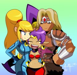 Rule 34 | 1boy, 2girls, absurdres, arabian clothes, arm around waist, blonde hair, breasts, castlevania (series), circlet, crossover, closed eyes, hand on another&#039;s head, hand on own hip, highres, looking at another, metroid, mike harvey, multiple crossover, multiple girls, navel, nintendo, open mouth, ponytail, purple hair, samus aran, shantae, shantae (series), simon belmont, smile, stomach, super smash bros., tan, zero suit