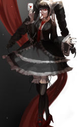 Rule 34 | 1girl, :o, absurdres, bad id, bad pixiv id, black hair, black jacket, black nails, black thighhighs, blunt bangs, bonnet, card, celestia ludenberg, collared shirt, commentary request, danganronpa: trigger happy havoc, danganronpa (series), dress, drill hair, frilled skirt, frills, full body, gothic lolita, hand up, high heels, highres, holding, jacket, kabedan (yasai oisidaro), lolita fashion, long hair, long sleeves, looking at viewer, nail polish, necktie, open mouth, playing card, red eyes, red footwear, red necktie, shirt, shoes, skirt, smile, solo, standing, thighhighs, twin drills, twintails, zettai ryouiki