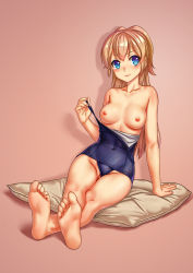 Rule 34 | 1girl, absurdres, barefoot, blonde hair, blue eyes, blush, breasts, clothing aside, feet, female focus, full body, highres, long hair, looking at viewer, medium breasts, nipples, pussy, regalia the three sacred stars, sitting, smile, soles, solo, swimsuit, swimsuit aside, toes, topless, xue ran, yuinshiel asteria