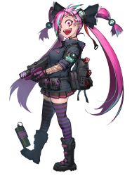 Rule 34 | 1girl, arm tattoo, backpack, bag, black bag, black footwear, black jacket, black skirt, black thighhighs, boots, choker, dairoku ryouhei, ear piercing, facial tattoo, fang, from side, full body, gun, hetza (hellshock), holding, holding weapon, jacket, long hair, looking at viewer, miniskirt, open mouth, piercing, pink hair, pleated skirt, purple thighhighs, red eyes, skirt, smile, solo, striped clothes, striped thighhighs, submachine gun, tattoo, teeth, thighhighs, transparent background, twintails, two-tone legwear, very long hair, weapon