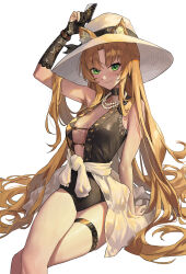 Rule 34 | 1girl, animal ear fluff, animal ears, arknights, arm up, black gloves, black one-piece swimsuit, blonde hair, breasts, card, casual one-piece swimsuit, center opening, commentary, feet out of frame, gloves, green eyes, highres, holding, holding card, jewelry, long hair, looking at viewer, medium breasts, necklace, one-piece swimsuit, partially fingerless gloves, pearl necklace, shaded face, sidelocks, simple background, smile, solo, swimsuit, swire (arknights), thigh strap, tiger ears, tiger girl, ttk (kirinottk), very long hair, white background
