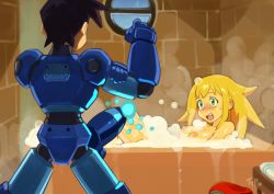 Rule 34 | 1boy, 1girl, android, bad id, bad twitter id, bath, bathroom, bathtub, blush, brown hair, bubble bath, cannon, capcom, clenched hand, green eyes, implied erection, joints, looking at another, mega man (series), mega man legends (series), mega man legends 3, mega man volnutt, nipples, nude, optionaltypo, phallic symbol, powering up, reclining, robot joints, roll caskett (mega man), walk-in
