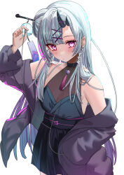 Rule 34 | 1girl, asymmetrical bangs, black dress, breasts, cleavage, closed mouth, commentary request, commission, dress, earphones, expressionless, eyelashes, grey hair, hair bun, hair ornament, hanamari yura, highres, horns, indie virtual youtuber, jacket, long hair, looking at viewer, medium breasts, off shoulder, purple eyes, purple jacket, see-through, see-through cleavage, simple background, single earphone removed, single side bun, skeb commission, sleeveless, sleeveless dress, solo, takeno omoti, virtual youtuber, white background
