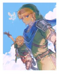 1boy 1girl arm_up armor belt blonde_hair blue_eyes blue_sky boots braid brown_belt brown_gloves capelet clenched_hand closed_eyes cloud cloudy_sky earrings fairy gloves green_capelet green_hat green_tunic hat hood hood_down hyrule_warriors jewelry layered_sleeves leather leather_boots leather_gloves link linkle long_sleeves low_twin_braids navi necklace nintendo pointy_ears rain_rkgk short_over_long_sleeves short_sleeves shoulder_armor sky smile the_legend_of_zelda the_legend_of_zelda:_ocarina_of_time thigh_boots tunic twin_braids