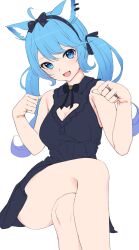 Rule 34 | 1girl, :d, ahoge, animal ear fluff, animal ears, animare, black dress, black hairband, black ribbon, blue eyes, blue hair, breasts, cleavage, cleavage cutout, clothing cutout, crossed legs, dress, hair ribbon, hairband, highres, jewelry, long hair, looking at viewer, medium breasts, multiple rings, nanashi inc., nishino eri, open mouth, ribbon, ring, simple background, sitting, sleeveless, sleeveless dress, smile, solo, souya ichika, thighs, twintails, virtual youtuber, white background