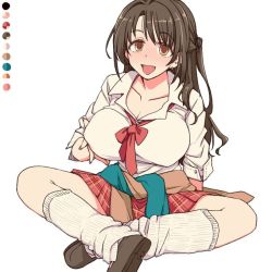 Rule 34 | 1girl, bow, bowtie, breasts, brown eyes, brown hair, clothes around waist, color guide, gyaru, hands on own chest, idolmaster, idolmaster cinderella girls, large breasts, limited palette, long hair, looking at viewer, one side up, open mouth, school uniform, shimamura uzuki, shirt, shoes, skirt, smile, socks, solo, toriga naku, white background, white shirt