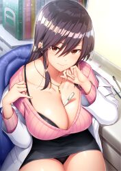 Rule 34 | 1girl, absurdres, anza tomo, between breasts, blush, boku to sensei no nyuuin seikatsu, book, bra, bra peek, bra strap, breasts, brown hair, chair, cleavage, closed mouth, eyebrows hidden by hair, female focus, game cg, highres, indoors, isami moe, jewelry, lab coat, large breasts, legs, long hair, looking at viewer, necklace, orange eyes, original, panties, pantyshot, pulling own clothes, sexually suggestive, sitting, skirt, solo, table, thermometer, thighs, underwear