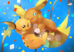 Rule 34 | alolan form, alolan raichu, blue background, blue eyes, commentary request, confetti, creatures (company), game freak, gen 1 pokemon, gen 7 pokemon, highres, hand grab, kikuyoshi (tracco), looking at viewer, nintendo, no humans, one eye closed, open mouth, pokemon, pokemon (creature), raichu, smile, toes, tongue