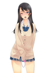 Rule 34 | 1girl, ;o, arm behind back, black hair, blue eyes, blush, cardigan, earbuds, earphones, highres, long hair, looking at viewer, murakami suigun, one eye closed, original, pleated skirt, sex toy, simple background, skirt, sleeves past wrists, solo, sweat, tongue, uniform, vibrator, vibrator under clothes, white background