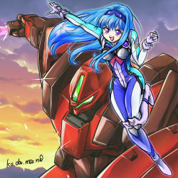 Rule 34 | 1girl, artist name, blue hair, blue hairband, breasts, choir demonic, clenched hand, clip studio paint (medium), cloud, commission, energy sword, hairband, holding, holding sword, holding weapon, long hair, looking at viewer, mecha, medium breasts, musica fareden, pilot suit, purple eyes, real robot battle line, robot, skeb commission, smile, sunset, super robot wars, sword, v-shaped eyebrows, visor, weapon, yuzupapa