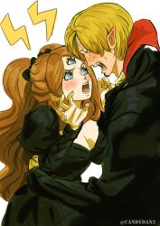 Rule 34 | 1boy, 1girl, black bow, black dress, blonde hair, blood, blue eyes, blush, bow, breasts, brown hair, cape, charlotte pudding, cleavage, collarbone, commentary, curly eyebrows, dress, english commentary, facial hair, fangs, full-face blush, gloves, hair over one eye, halloween, hand on another&#039;s waist, hetero, large breasts, lips, long sleeves, one piece, open clothes, pointy ears, puffy sleeves, pulling own clothes, rita ya, sanji (one piece), shirt, short hair, third eye, twintails, vampire, white gloves