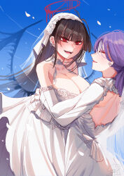 Rule 34 | 2girls, :d, backless dress, backless outfit, bare shoulders, black hair, black wings, blue archive, blue sky, breasts, bridal veil, cleavage, closed eyes, detached sleeves, dress, earrings, elbow gloves, female focus, female sensei (blue archive), glasses, gloves, halo, highres, hime cut, jewelry, large breasts, liang yuan, long hair, multiple girls, open mouth, outdoors, petals, purple hair, red eyes, sensei (blue archive), sky, smile, tsurugi (blue archive), veil, wedding dress, white dress, white gloves, wings, yuri