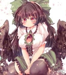 1girl bird_wings black_hair black_wings blush bow breasts commentary_request frilled_shirt_collar frilled_skirt frilled_sleeves frills green_bow green_skirt hair_bow highres kemo_chiharu large_breasts miniskirt pout pulling_own_clothes red_eyes reiuji_utsuho skindentation skirt solo thick_thighs thighhighs thighs third_eye third_eye_on_chest touhou wings zettai_ryouiki