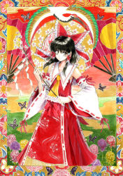 Rule 34 | 1girl, acrylic paint (medium), adapted costume, bare shoulders, bird, black hair, bow, bug, butterfly, colorful, crane (animal), detached sleeves, female focus, folding fan, gohei, hair bow, hakurei reimu, hand fan, insect, japanese clothes, miko, painting (medium), red-crowned crane, short hair, smile, solo, standing, touhou, traditional media, tsurui, yellow eyes