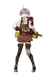 Rule 34 | 1boy, ahoge, backpack, bag, belt, belt buckle, buckle, full body, gloves, green eyes, grey hair, highres, holding, holding sword, holding weapon, male focus, multicolored eyes, open mouth, original, purple eyes, sheath, short hair, simple background, solo, standing, sweatdrop, sword, thighhighs, weapon, white background, z-ton