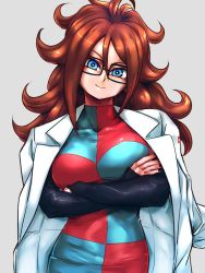 Rule 34 | 1girl, android 21, black gloves, black nails, blue dress, blue eyes, breasts, checkered clothes, checkered dress, covered collarbone, crossed arms, dragon ball, dragon ball fighterz, dress, eyelashes, fingernails, glasses, gloves, grey background, head tilt, jacket, jacket on shoulders, kemachiku, lab coat, long hair, looking at viewer, nail polish, red dress, red eyes, red ribbon army, simple background, smile, solo, spiked hair, two-tone dress
