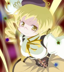 Rule 34 | 10s, 1girl, beret, blonde hair, breasts, colorized, corpse (artist), corset, drill hair, grin, hair ornament, hat, large breasts, magical girl, mahou shoujo madoka magica, mahou shoujo madoka magica (anime), official style, philip (n1k2-j), pleated skirt, skirt, smile, solo, tomoe mami, yellow eyes