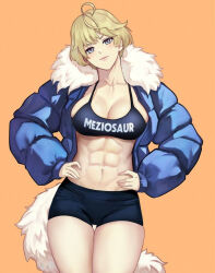 Rule 34 | 1girl, abs, ahoge, artist name, black shorts, blonde hair, blue eyes, blue jacket, breasts, cleavage, clothes writing, collarbone, commentary, cowboy shot, crop top, english commentary, fake tail, female focus, fire emblem, fire emblem engage, hands on own hips, head tilt, jacket, large breasts, long sleeves, merrin (fire emblem), meziosaur, midriff, muscular, muscular female, navel, nintendo, open clothes, open jacket, orange background, pink lips, short hair, short shorts, shorts, simple background, solo, sports bra, standing, stomach, tail, thigh gap, thighs, wolf tail