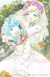 Rule 34 | 1girl, :d, blue eyes, bouquet, collection king, dress, elbow gloves, flower, gloves, green hair, holding, long hair, looking at viewer, miyoshino, open mouth, smile, solo, veil, wedding dress, white gloves