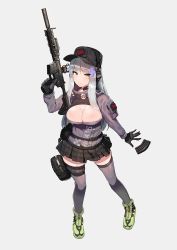 Rule 34 | 1girl, assault rifle, bad id, bad pixiv id, black skirt, black thighhighs, blunt bangs, blush, breasts, cleavage, cleavage cutout, clothes writing, clothing cutout, facial mark, full body, girls&#039; frontline, gloves, green eyes, grey background, gun, h&amp;k hk416, hair ornament, hat, headphones, heckler &amp; koch, highres, hk416 (girls&#039; frontline), holding, holding gun, holding weapon, ihobus, jacket, large breasts, long hair, looking at viewer, plaid, plaid skirt, pouch, reloading, rifle, shoes, silver hair, simple background, skindentation, skirt, sneakers, solo, teardrop, thigh strap, thighhighs, turtleneck, very long hair, weapon