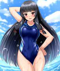 Rule 34 | 1girl, alternate costume, black hair, blue sky, blush, breasts, competition swimsuit, day, hair ribbon, highres, isokaze (kancolle), kantai collection, large breasts, long hair, looking at viewer, one-piece swimsuit, open mouth, red eyes, ribbon, sky, solo, swimsuit, tress ribbon, water drop, zanntetu