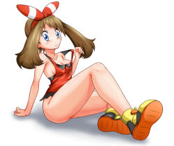 Rule 34 | 1girl, areola slip, bare shoulders, blue eyes, blush, bow, breasts, brown hair, cleavage, clothes lift, creatures (company), full body, game freak, hair bow, looking at viewer, may (pokemon), medium breasts, nintendo, ossannoa, pokemon, pokemon oras, red bow, red shirt, shirt, shirt lift, shoes, shorts, sideboob, sitting, sleeveless, sleeveless shirt, solo, sweatdrop, unworn shorts, white background, yellow footwear