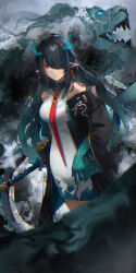 Rule 34 | 1girl, absurdres, aqua hair, aqua horns, arknights, bare shoulders, black coat, black hair, blurry, chromatic aberration, closed mouth, coat, collared dress, colored extremities, commentary request, cowboy shot, dragon, dragon girl, dragon horns, dress, dusk (arknights), earrings, eastern dragon, expressionless, fantasy, hair over one eye, highres, horns, jewelry, light particles, long hair, looking at viewer, multicolored hair, necktie, off shoulder, one eye covered, open clothes, open coat, partial commentary, pointy ears, red eyes, red necktie, short dress, solo, standing, streaked hair, sword, uroko (pattern), vorlke (nea vorl), weapon, white dress