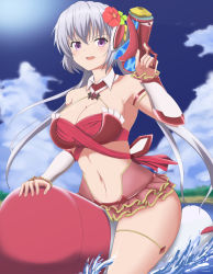Rule 34 | 10s, 1girl, absurdres, bare shoulders, bikini, blue sky, blush, breasts, cleavage, cloud, commentary request, cowboy shot, day, detached collar, flower, hair flower, hair ornament, highres, inflatable toy, large breasts, long hair, narayu, open mouth, outdoors, purple eyes, red bikini, senki zesshou symphogear, shiny skin, silver hair, sky, smile, solo, splashing, straddling, swimsuit, teeth, thigh strap, toy gun, twintails, very long hair, water, water gun, yukine chris