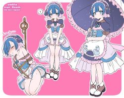 Rule 34 | 1boy, bdsm, blue eyes, blue hair, blush, clothes lift, crossdressing, dress, dress lift, closed eyes, lifting own clothes, made in abyss, male focus, maruruk, nagano rira, pink background, restrained, rope, shibari, short hair, solo, sweat, trap