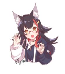 Rule 34 | 1girl, :o, animal ear fluff, animal ears, black hair, claw pose, fang, glasses, hair ornament, hairclip, highres, hololive, hood, hoodie, long hair, looking at viewer, multicolored hair, ookami mio, ookami mio (casual), orange eyes, red hair, semi-rimless eyewear, signature, simple background, skin fang, solo, streaked hair, under-rim eyewear, upper body, virtual youtuber, vyolfers, white background, wolf ears