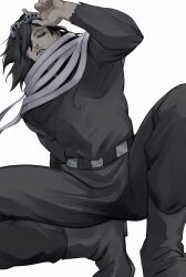 Rule 34 | 1boy, belt, black footwear, black hair, black pants, black sweater, boku no hero academia, boots, eraser head (boku no hero academia), expressionless, eyewear on head, facial hair, full body, gkrkjd6, highres, male focus, medium hair, mustache, pants, parted lips, sideburns, simple background, solo, squatting, sweater, torn clothes, white background