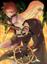 Rule 34 | 00s, 1boy, 1girl, angry, axel, back-to-back, belt, black coat (kingdom hearts), blonde hair, breasts, brown hair, chakram, chakrams, clenched teeth, colette brunel, crossover, drawstring, fighting stance, fire, gloves, half-closed eyes, holding, holding weapon, keyblade, kingdom hearts, kingdom hearts ii, leg up, lloyd irving, long hair, long sleeves, lowres, organization xiii, profile, robe, roxas, shirt, short hair, short sleeves, small breasts, spiked hair, sword, tales of (series), tales of symphonia, teeth, weapon
