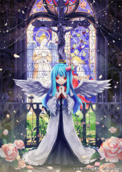 Rule 34 | 1girl, angel wings, blue hair, church, cross, crucifixion, dress, female focus, flower, food, fruit, hair ornament, halo, hinanawi tenshi, isegawa yasutaka, jesus, long hair, own hands together, peach, red eyes, robe, rose, solo, stained glass, touhou, wings