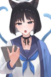 Rule 34 | 1girl, absurdres, animal ear fluff, animal ears, black eyes, black hair, black nails, black sailor collar, blue archive, blue halo, blue neckerchief, blush, book, cat ears, cat tail, fingernails, halo, haori, highres, holding, holding book, japanese clothes, kikyou (blue archive), long sleeves, looking at viewer, nail polish, neckerchief, open mouth, randouworks, sailor collar, short hair, solo, tail, upper body