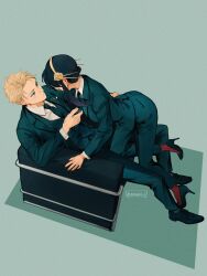 Rule 34 | 1boy, 1girl, absurdres, aqua eyes, arched back, armchair, black hair, black pants, blonde hair, blush, chair, closed mouth, collared shirt, flower, formal, green background, hair flower, hair ornament, hairband, high heels, highres, holding necktie, leg between thighs, long hair, long sleeves, looking at another, maiii (smaii i), pants, red socks, shadow, shirt, short hair, sidelocks, simple background, sitting, socks, spread legs, spy x family, suit, twilight (spy x family), twitter username, white shirt, yor briar