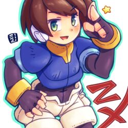 Rule 34 | 1girl, :d, aile (mega man zx), black gloves, blue jacket, brown hair, commentary request, copyright name, elbow gloves, fingerless gloves, gloves, green eyes, green outline, hand on own hip, jacket, looking at viewer, mawaru (mawaru), mega man (series), mega man zx, open mouth, outline, salute, short hair, shorts, simple background, smile, solo, star (symbol), two-finger salute, white background, white shorts