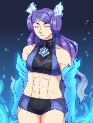 Rule 34 | 1girl, abs, absurdres, bikini, breasts, brighid (xenoblade), closed eyes, collarbone, cowboy shot, fire, frogbians, gloves, highres, long hair, micro shorts, muscular, muscular female, nintendo, purple hair, shorts, simple background, solo, split mouth, stomach, swimsuit, thighs, xenoblade chronicles (series), xenoblade chronicles 2