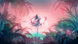 Rule 34 | 1girl, arms up, backlighting, dancing, detached sleeves, floating hair, full body, genshin impact, highres, lens flare, long hair, long sleeves, nilou (genshin impact), palm tree, scenery, shade of a cat, solo, tree, very long hair