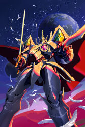 Rule 34 | absurdres, artofwill, cape, commentary, earth (planet), english commentary, escaflowne, falling feathers, feathers, feet out of frame, highres, holding, holding sword, holding weapon, mecha, night, night sky, planet, red cape, robot, sky, solo, standing, star (sky), starry sky, sword, tenkuu no escaflowne, weapon