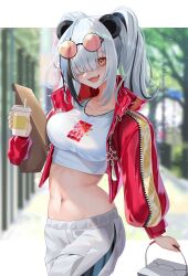 Rule 34 | 1girl, absurdres, animal ears, arknights, black hair, blurry, blurry background, breasts, commentary request, cup, disposable cup, eyewear on head, fang, feater (arknights), feater (gourmet) (arknights), grey pants, hair over one eye, highres, holding, holding cup, jacket, large breasts, long sleeves, looking at viewer, midriff, multicolored hair, navel, official alternate costume, open clothes, open jacket, open mouth, outdoors, panda ears, panda girl, pants, puffy long sleeves, puffy sleeves, red jacket, round eyewear, shirt, skin fang, smile, solo, sonna watashi, stomach, streaked hair, white hair, white shirt, yellow eyes