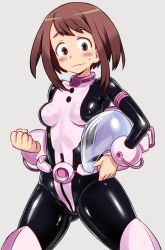 Rule 34 | 10s, 1girl, 774 (nanashi), belt, blush, bodysuit, boku no hero academia, boots, bracer, breasts, brown eyes, brown hair, clenched hand, cowboy shot, embarrassed, grey background, helmet, holding, impossible bodysuit, impossible clothes, knee boots, legs apart, looking at viewer, shiny clothes, short hair, sidelocks, simple background, small breasts, solo, sweatdrop, thigh boots, thighhighs, unworn headwear, unworn helmet, uraraka ochako, uraraka ochako (hero outfit), wavy mouth