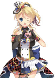 Rule 34 | 10s, 1girl, ;d, ayase eli, bare shoulders, black gloves, blonde hair, blue eyes, cafe maid (love live!), checkered clothes, checkered skirt, elbow gloves, gloves, hat, heart, heart hands, ishigami kazui, long hair, love live!, love live! school idol festival, love live! school idol project, musical note, one eye closed, open mouth, ponytail, simple background, skirt, smile, solo, treble clef