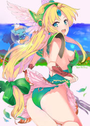 Rule 34 | 1girl, :d, armor, artist name, ass, bare shoulders, blonde hair, blue eyes, blue sky, blush, bow, breasts, bridal gauntlets, brown gloves, cleavage, cloud, commentary request, cowboy shot, dress, earrings, fairy, forehead jewel, from behind, gloves, green bow, green dress, hair bow, helmet, holding, holding spear, holding weapon, jewelry, leaf, long hair, looking at viewer, looking back, low-tied long hair, medium breasts, open mouth, panties, pauldrons, polearm, puuakachan, riesz, seiken densetsu, seiken densetsu 3, shoulder armor, simple background, sky, smile, spear, strapless, strapless dress, thighs, tree, twitter username, underwear, very long hair, weapon, winged helmet