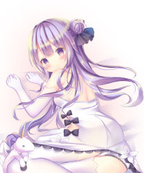 Rule 34 | 1girl, ahoge, azur lane, bad id, bad pixiv id, bare shoulders, black bow, black ribbon, blush, bow, closed mouth, commentary request, dress, elbow gloves, gloves, hair bun, hair ribbon, highres, long hair, looking at viewer, looking to the side, purple eyes, purple hair, ribbon, side bun, single hair bun, single side bun, solo, strapless, strapless dress, stuffed animal, stuffed pegasus, stuffed toy, stuffed unicorn, stuffed winged unicorn, thighhighs, tsuruse, unicorn (azur lane), very long hair, white dress, white gloves, white thighhighs