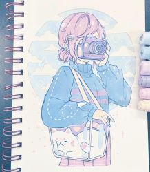 Rule 34 | 1girl, absurdres, anny (yoai), bag, blue nails, blue sweater, brown hair, camera, cat, cloud, commentary, covering face, cowboy shot, dotted line, earrings, english commentary, hair bun, hair intakes, hair ornament, hairclip, hand up, highres, holding, holding camera, jewelry, long sleeves, marker (medium), nail polish, original, pleated skirt, purple skirt, single hair bun, skirt, solo, striped clothes, striped sweater, sweater, traditional media, transparent bag